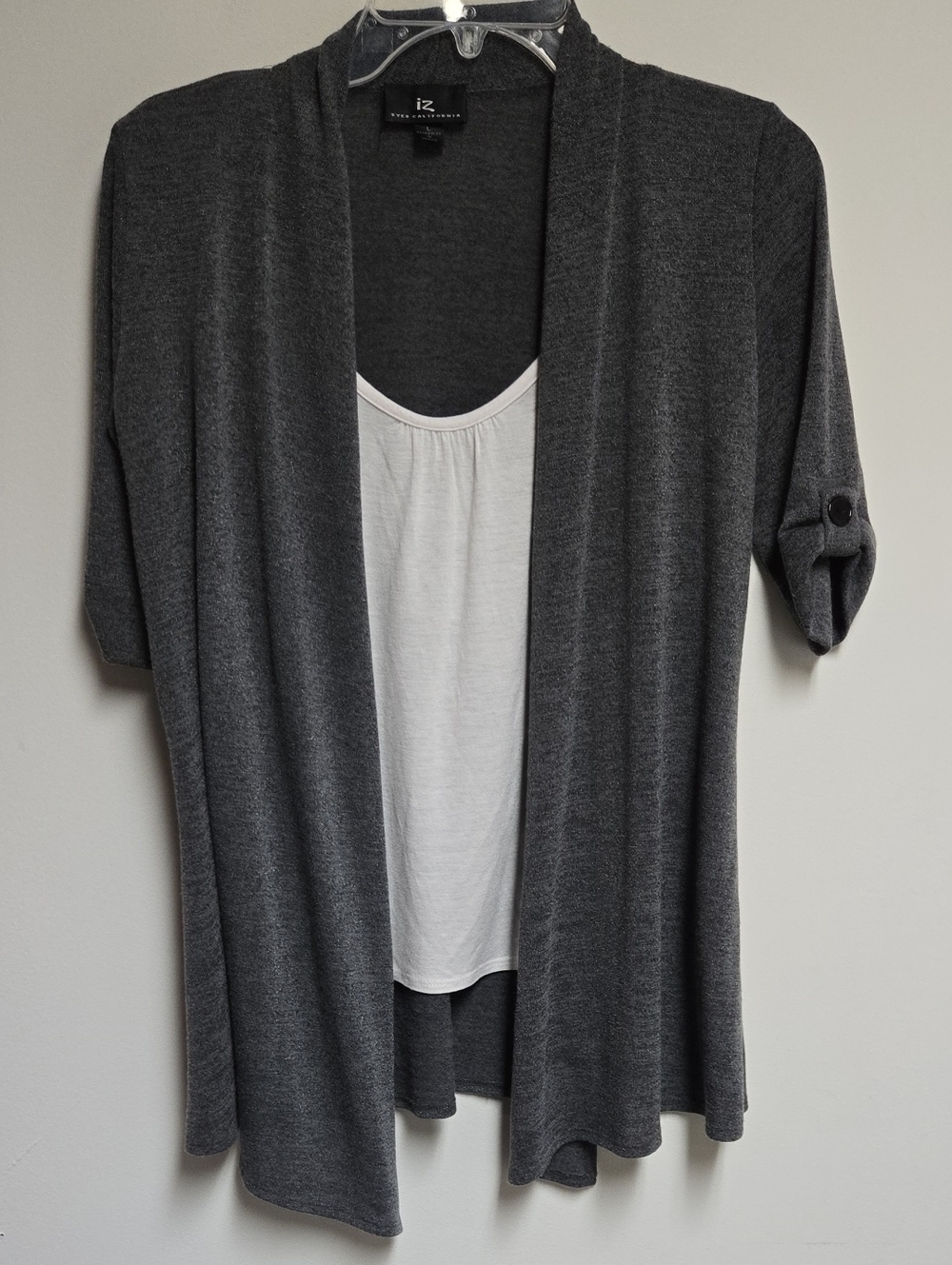 Iz Byer Charcoal Gray Open-Front Layered Top with White Tank